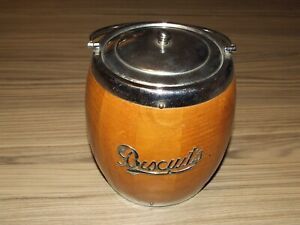 Vintage Wooden Biscuit Barrel 15cm Tall Excluding Handle With Ceramic Lining