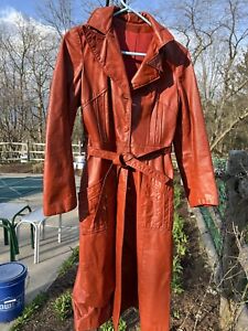 Vintage 70s Leather Trench Coat-Belted-midi-Apple red