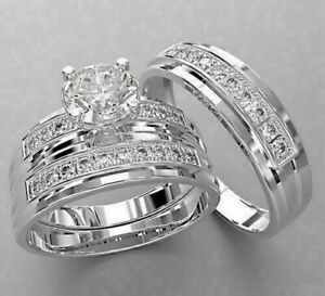 His & Her Trio Ring Set 3Ct Round Cut Simulated Diamond 14K White Gold Plated