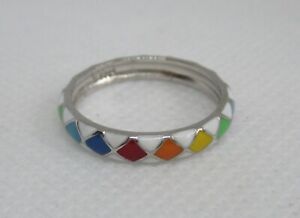 SALE - 925 Sterling Silver, Enamel Rainbow Chequered Ring - Size L