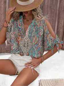Paisley Print Cut Out Blouse, Vintage Half Sleeve V-neck Blouse For Summer