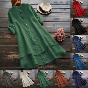Plus Size Women Cotton Linen Baggy Shirt Dress Ladies Tunic Dress Midi Dress US