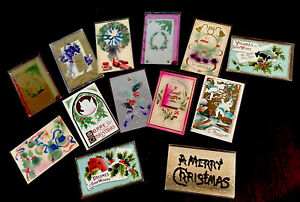 ~Lot of 13 Antique CHRISTMAS~AIRBRUSHED~Velvet~Postcards-in sleeves~f202