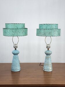 Pair Vintage Mid Century Modern Turquoise Table Lamps Original Fiberglass Shades