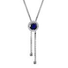 Round Halo Created Blue Sapphire & White Topaz Lariat Necklace in 925 Silver