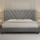 Full/Queen Upholstered Bed Frame with  Wooden Slat Support and Wing Side