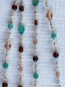 Sea Glass Colored Bead Necklace Aqua Turquoise Peach Very Long Glass & Seed Bead