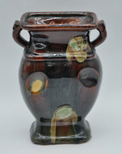 New ListingVintage Drip Glaze Double Handle Pottery Vase Brown Black Green 9 1/2