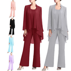 US Womens Chiffon Pant Suits 3 Piece Mother of The Bride Wedding Guest Outfit