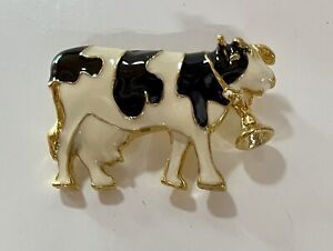 Vintage Cow Heifer with Bell Brooch Pin - Black & White Enamel on Gold Tone