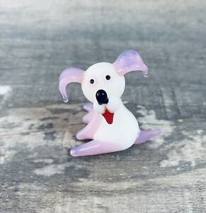 Vintage Blown Fused Glass Pink And White Puppy Dog Figurine