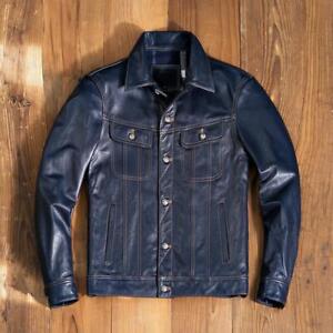 Men's Real Leather Trucker Jacket Contrast Thread Levi's Style Bikers Jacket