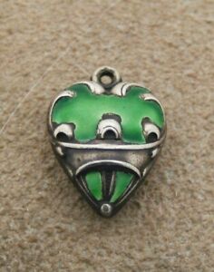 VINTAGE STERLING SILVER PUFFY HEART CHARM - Loops & Banner with Green Enamel
