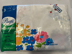 New Listingvintage pacific flat sheet double blue floral 100% cotton muslin
