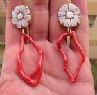 earrings beautiful woman exclusive jewel red coral branch + shell cameo handmade