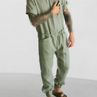 Men's Short Sleeve Pockets Coverall Jumpsuit Cotton Blend Zip Up Solid Overalls