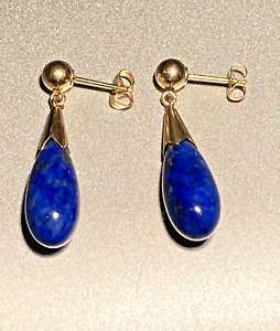 14k Solid Yellow Gold Dangling Earrings Natural Lapis Lazuli