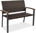 Contemporary 2-Seater Rattan Wicker Outdoor Bench with Wooden Armrests