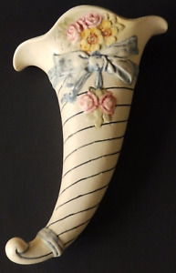 New ListingAntique Weller Pottery Cornucopia Wall Pocket Vase Roses Daisies & Blue Bow