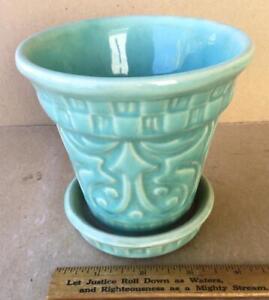 New ListingShawnee Flower Pot Planter w/ attached Under Plate,Turquoise Aqua,USA.embossed