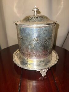 Antique English Silver Plated Oval Biscuit Barrel with Elaborate Engraving