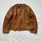 Lafayette 148 New York Full Zip Up Braiding Detail Leather Jacket Tan Brown 14