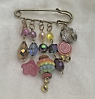 Vintage Artisan Safety Pin Brooch With Beads 5 Dangling Beads
