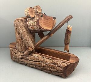 Wooden Bear In Boat Fishing Hand Made Vintage Carved Cute 10 X 8 Inch Bark