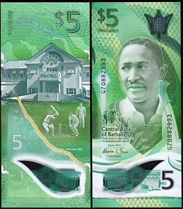 Barbados 5 Dollars, 2022, UNC, Polymer, P-New Design