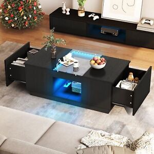 Modern Coffee Table 2 Drawers with Charging Station and LED Lights End Table