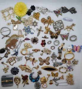 74 Pc Brooch Lot Vintage to Now - Signed & Unsigned