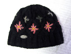 XS Turtle Fur Floral Wool Beanie Black with Pink and Gray Flowers, Made in Nepal