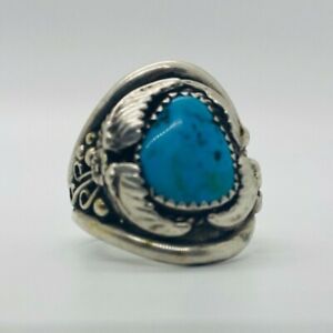 Old Pawn Navajo Sterling Silver Turquoise Statement Ring Size 12 EH Signed