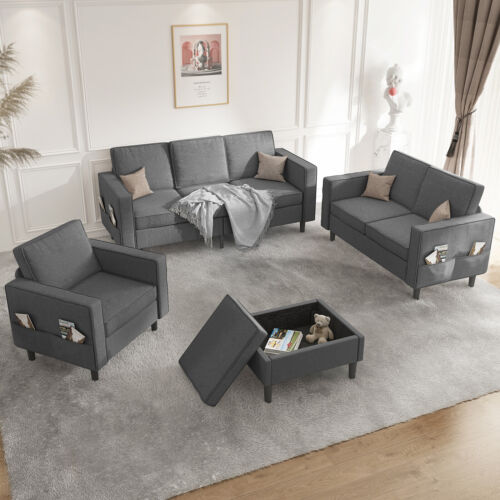 Convertible Sectional Sofa Set with Ottoman, 3 Pieces Sofa Set for Living Room