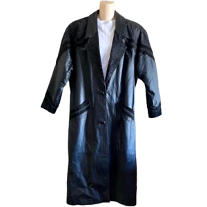 Vintage 90's Womans XL OVERSIZED Embossed Leather Trench Coat Long Jacket Black