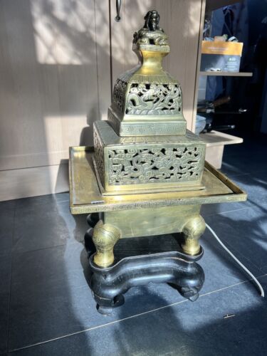 New ListingSuper Large Rare Qing Dynasty Chinese carved bronze Censer & Cover On Wood Stand