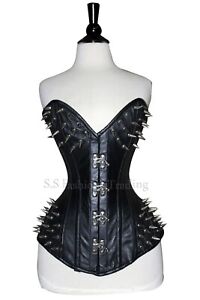Womens Overbust Waist Trainer Genuine Leather Claps Closure Womens Spiked Corset