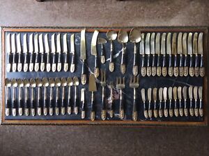 Silverware Set/ Vintage Siam Bronze Tone/ Wooden Handles/ Set of 132 Pieces