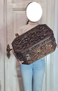 Mid 19th c Black Forrest box with floral motif totally hand carved walnut wood