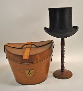 Antique 1880's Men’s Black Silk Plush Top Hat With Square Travelling Case