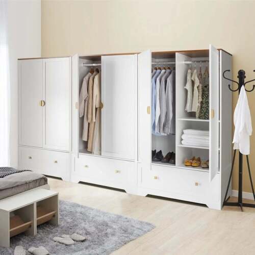 Armoire Wardrobe Closet with Hanging Rod, Shelves and Drawer in White & Gray