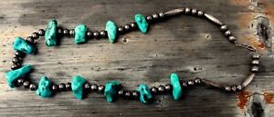 Old Pawn Navajo Handmade Sterling Silver Beads Turquoise Stone Nuggets Necklace