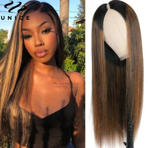 Malaysian Ombre Balayage Brown Straight V Part Human Hair Wig Highlight Lace Wig