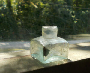 OPEN PONTIL SMALL SQUARE INK BOTTLE DUG IN 1850 PRIVY SCARCE SIZE! ROLLED LIP