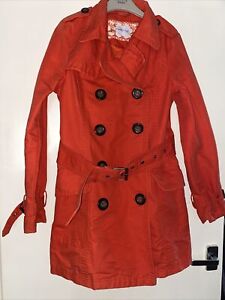 WOMENS RED Orange Trench COAT Jacket BELTED MID LENGTH Sz 10 Pockets 34/L32”