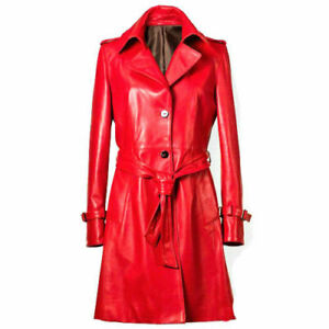 Women Genuine Leather Lambskin Long Overcoat Trench Coat Belted Collar Jacket