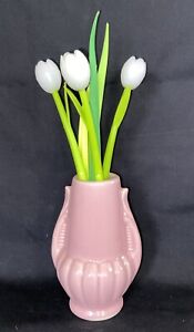 Vtg 40’s USA Pottery Art Deco Small PINK Bud Flower Vase 6 Tulip Leaf Flower Pen