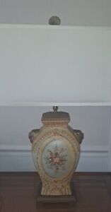 NICE TABLE LAMP  URN STYLE W LION HANDLES Hand painted?