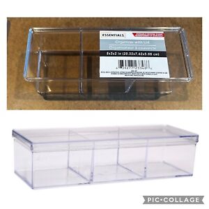 ESSENTIALS Clear Acrylic 3-Compartment Organizer Storage Box w/Lid - 8x3x2