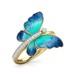 Yellow Gold Plated Butterfly Rings Women Unique Cubic Zircon Jewelry Gift Sz6-10